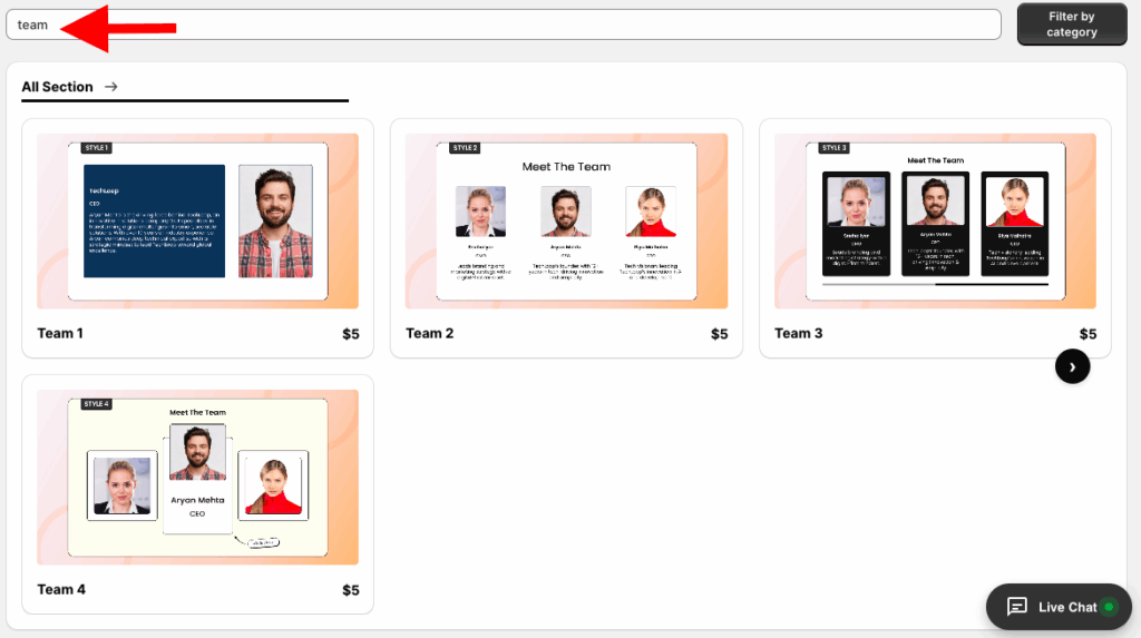 Search for the "team" to find and add a team section to Shopify.