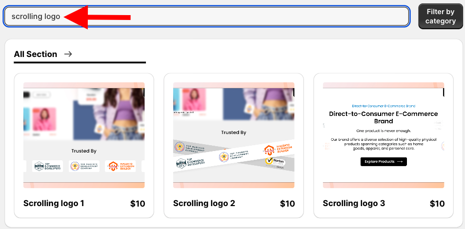 Shopify section browser showing multiple design options for "Scrolling logo"