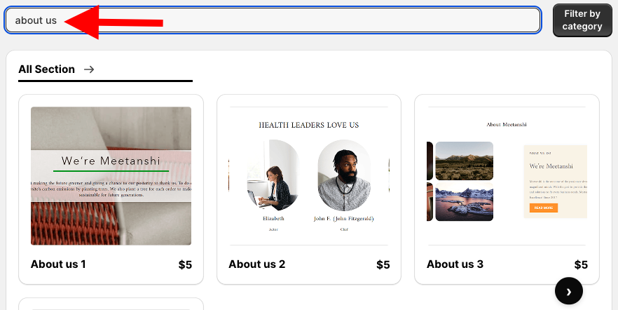 Shopify app section browser showing different styles to add an About Us section in Shopify.