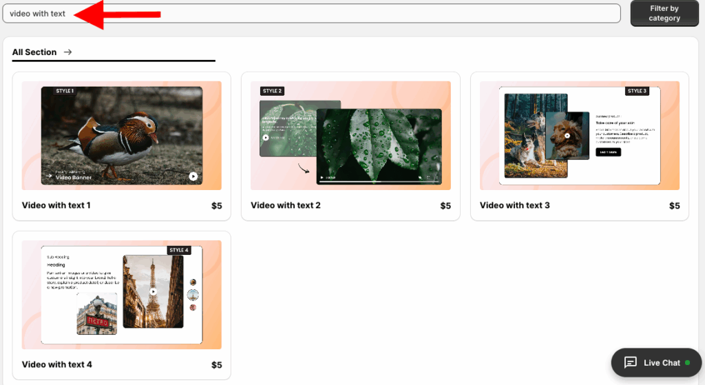 search bar shows video with text along with various layout options