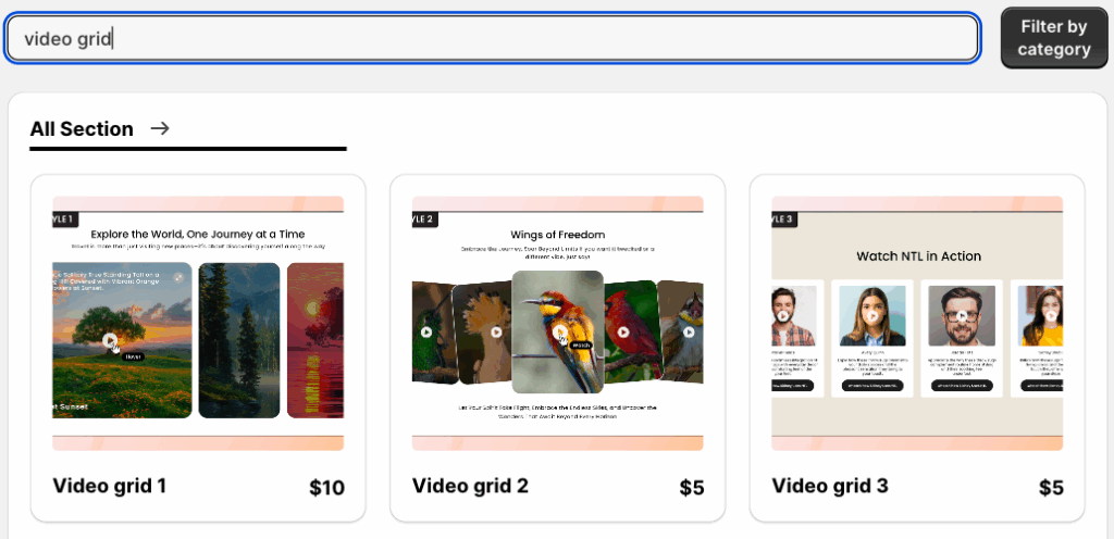 search bar showing video grid along with various styles