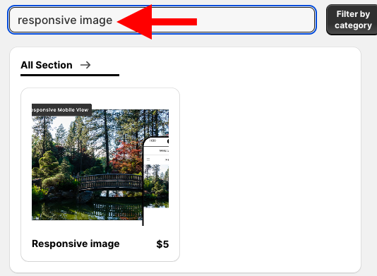 App dashboard showing search bar with "responsive image"
