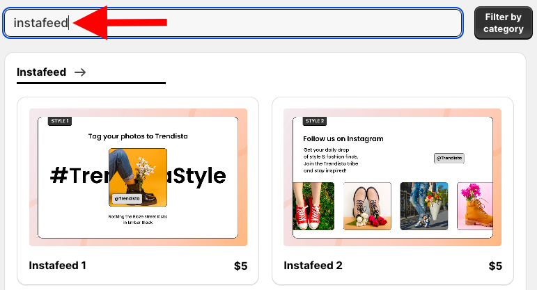 click browse section and search for instafeed, to add an instafeed section in Shopify