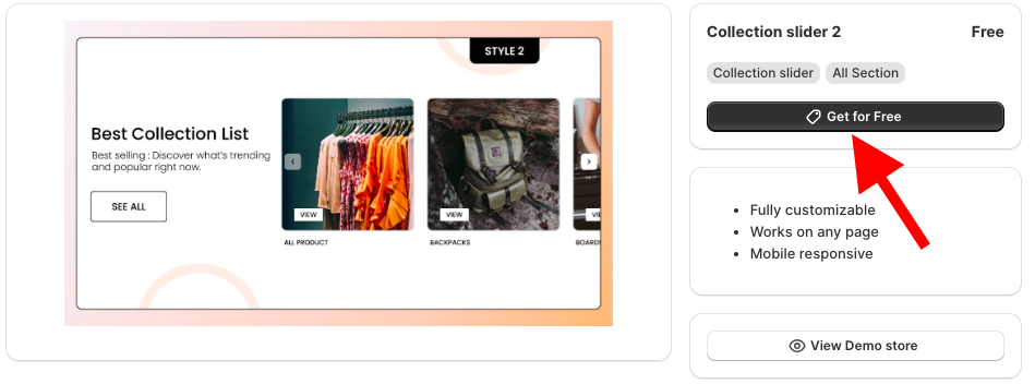 click get for free button to add the section to the proudct page in Shopify.