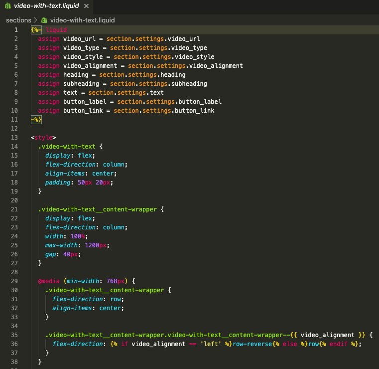 Liquid code to add a Shopify Video with text section