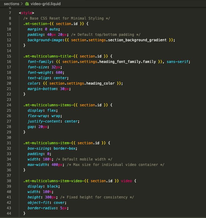 Liquid code to add a video grid section in Shopify