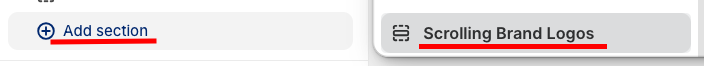 Theme editor showing how you Add a Scrolling Logos Section in Shopify.