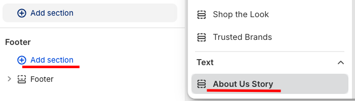 from the theme editor click add section and select about us story.