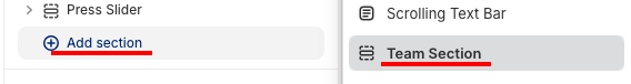 theme editor shows the process to Add a team section to Shopify.