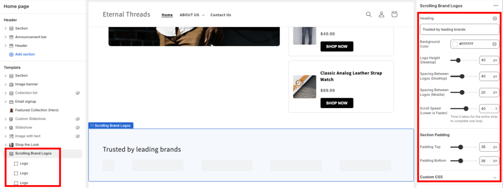 Theme editor showing customisation option to add a scrolling logos.