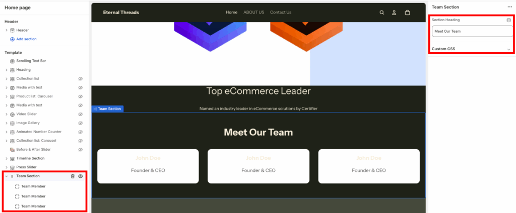 Editing the team section from theme editor sidebar.