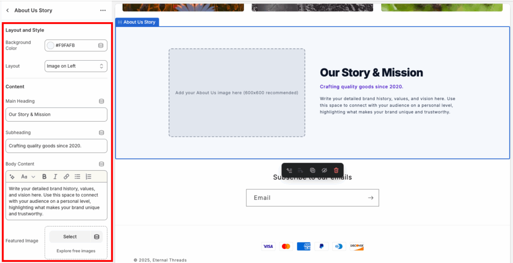 From the sidebar, customize the about us section.