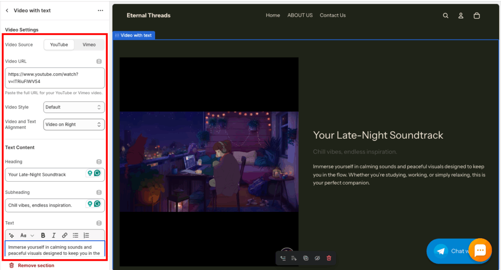 From the left sidebar, customize the about us section