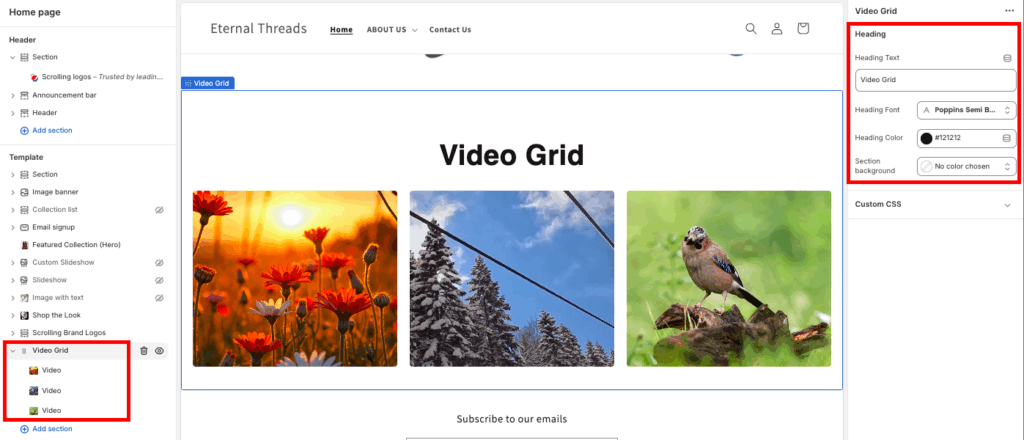 Customize the video grid section using the sidebar