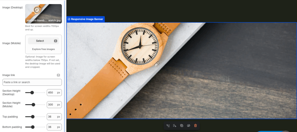 Edit the section from the sidebar to add a responsive image section in Shopify