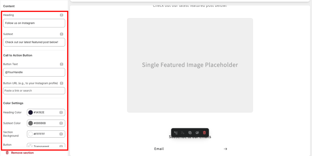 from the sidebar, edit the section to add an instafeed section in shopify