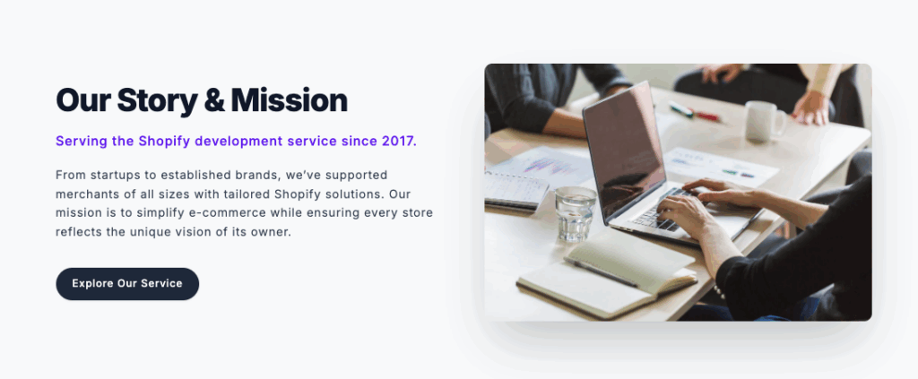 Preview of the Shopify about us section using custom code.