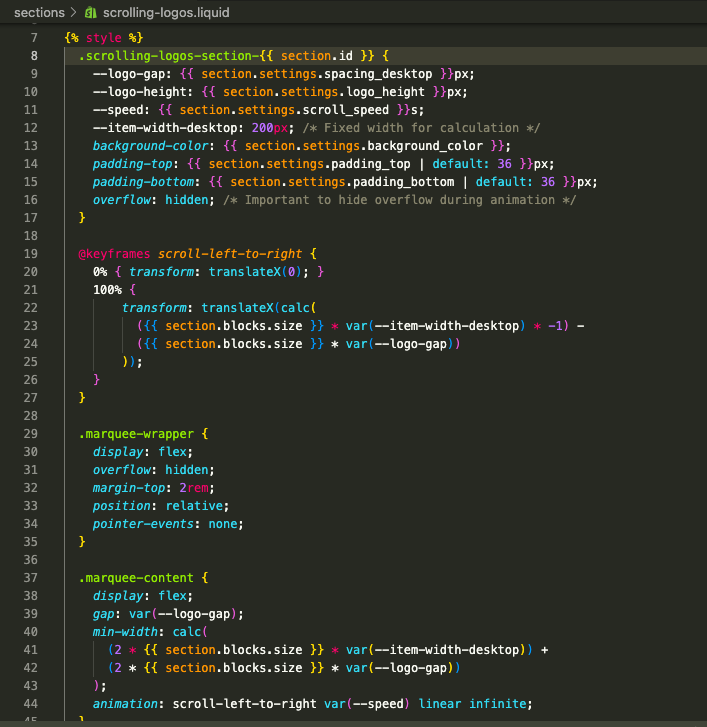 Liquid code to Add a Scrolling Logos Section in Shopify.
