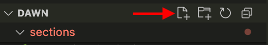 code editor showing a new file icon  to create a new liquid file and to add a Scrolling Logos Section in Shopify.