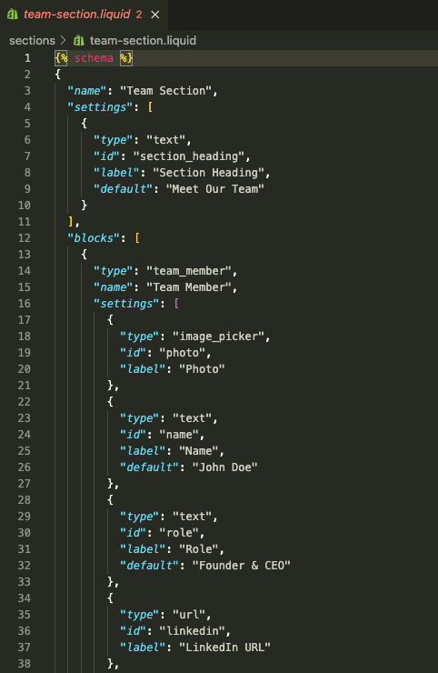 Liquid code to add a team to Shopify