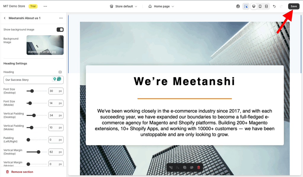 Save changes after customizing the About Us section.