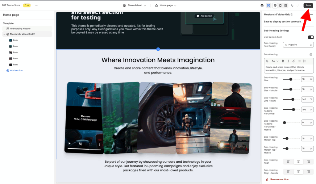Save changes after customising video grid section