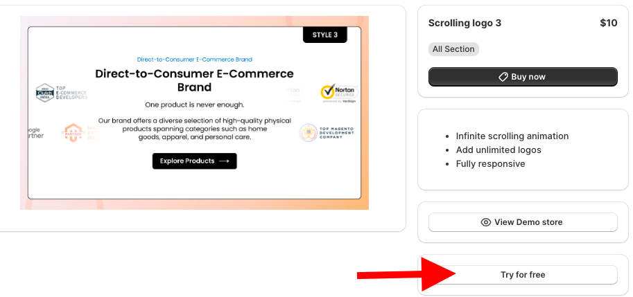 click Try for free button to Add a Scrolling Logos Section in Shopify.