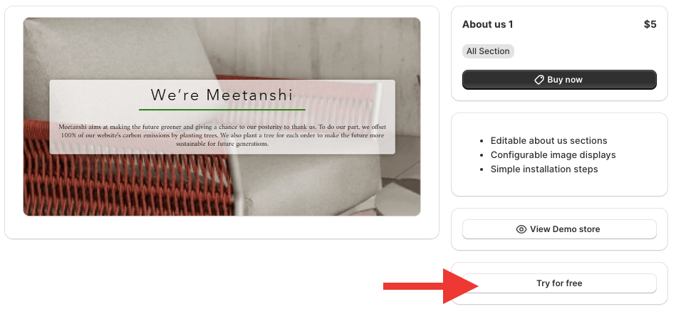 App section store showing a Try for free button to Add an About Us Section in Shopify.