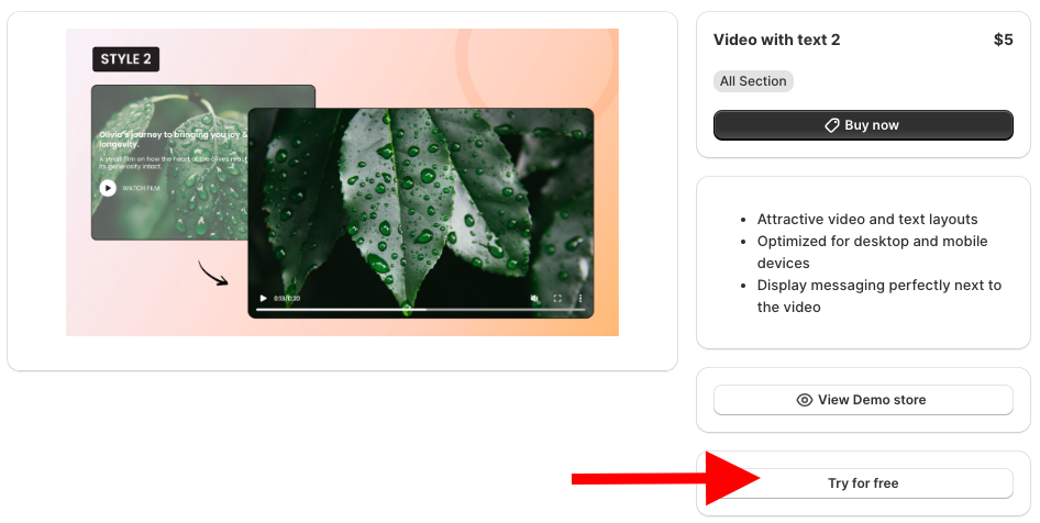 click try for free to add a Shopify video with text section