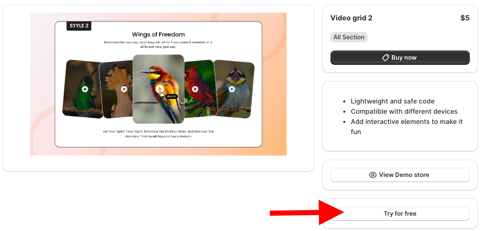 click try for free to add a video grid section in Shopify