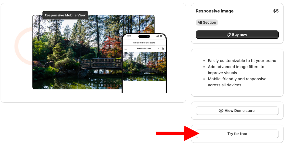 Click Try for free button to Add responsive image section in Shopify


