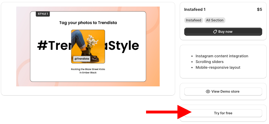 click try for free to add an instafeed section in Shopify for free.