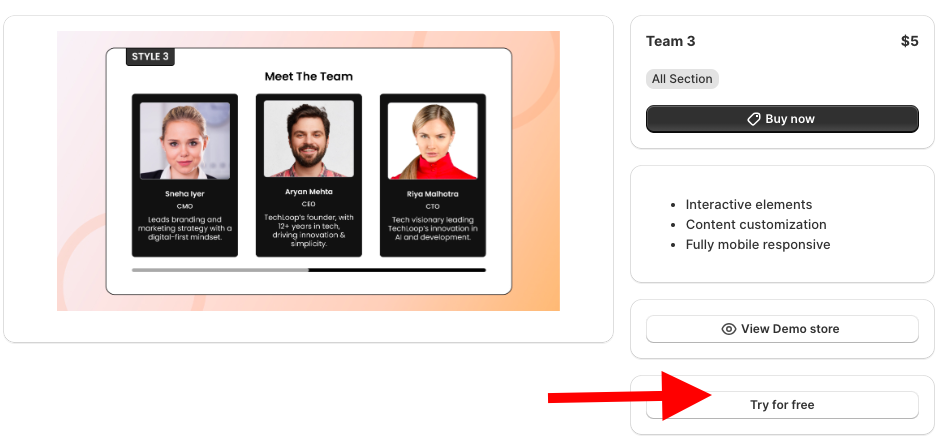 select the section and click try for free, to add the team section to Shopify