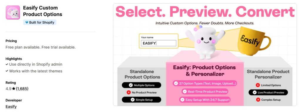 Easify product options Shopify app