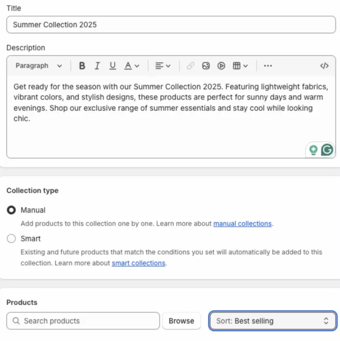 add collection, its type, description, and title