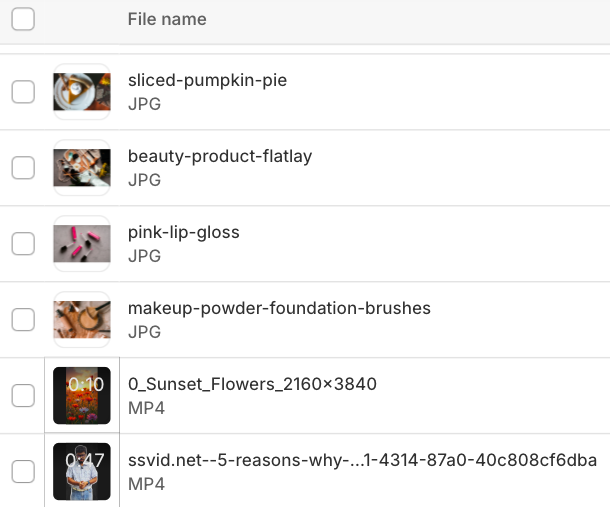 List of Shopify image and video file