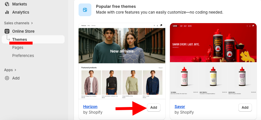 Select the theme to start the Shopify store in Brazil