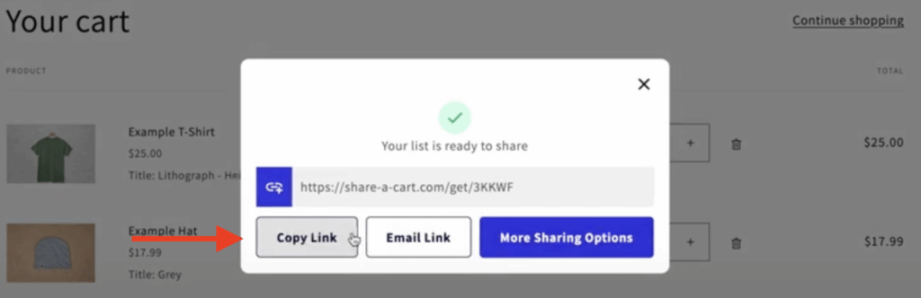 Preview of the share cart shopify