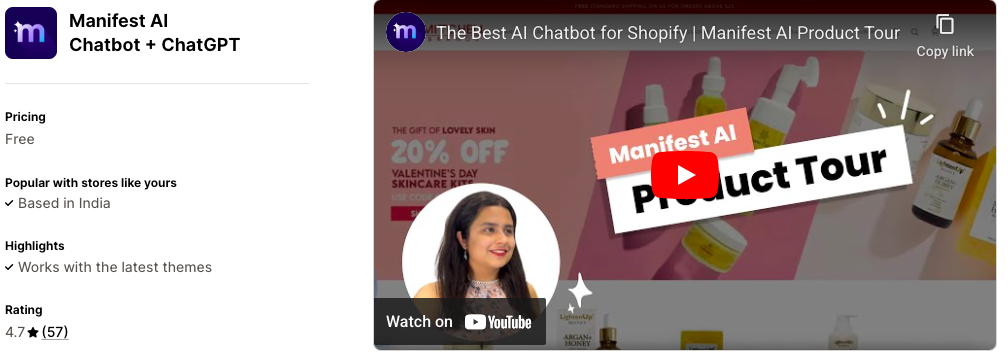 Manifest AI chatbot for Shopify