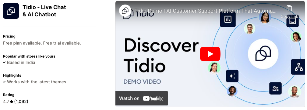 Tidio live chat & AI chatbot for Shopify