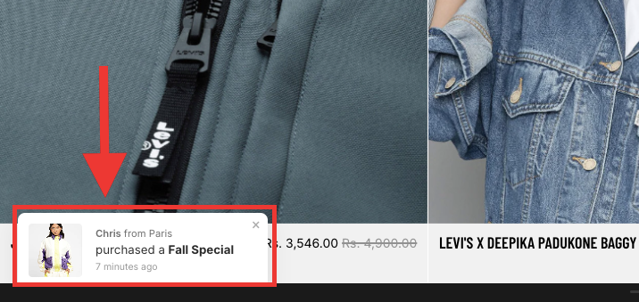 Preview of fake sales pop-up on your Shopify store