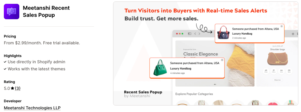 Meetanshi Recent Sales Notifications Shopify app