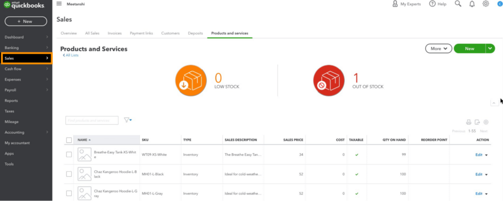 QuickBooks dashboard with Magento 2 product listed