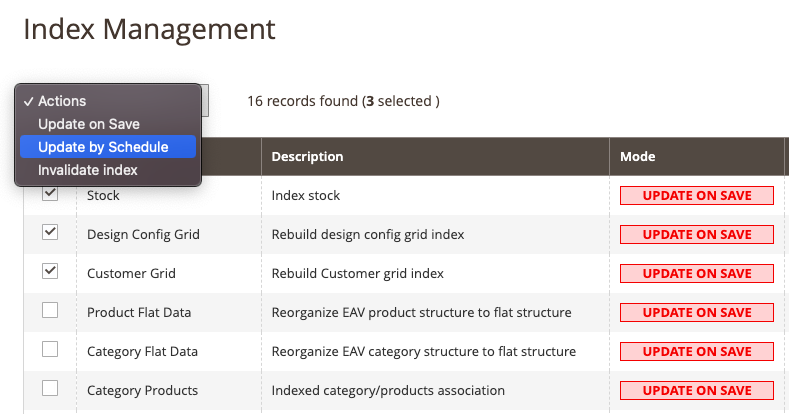 Set mode to update on schedule to optimize Magento 2 database