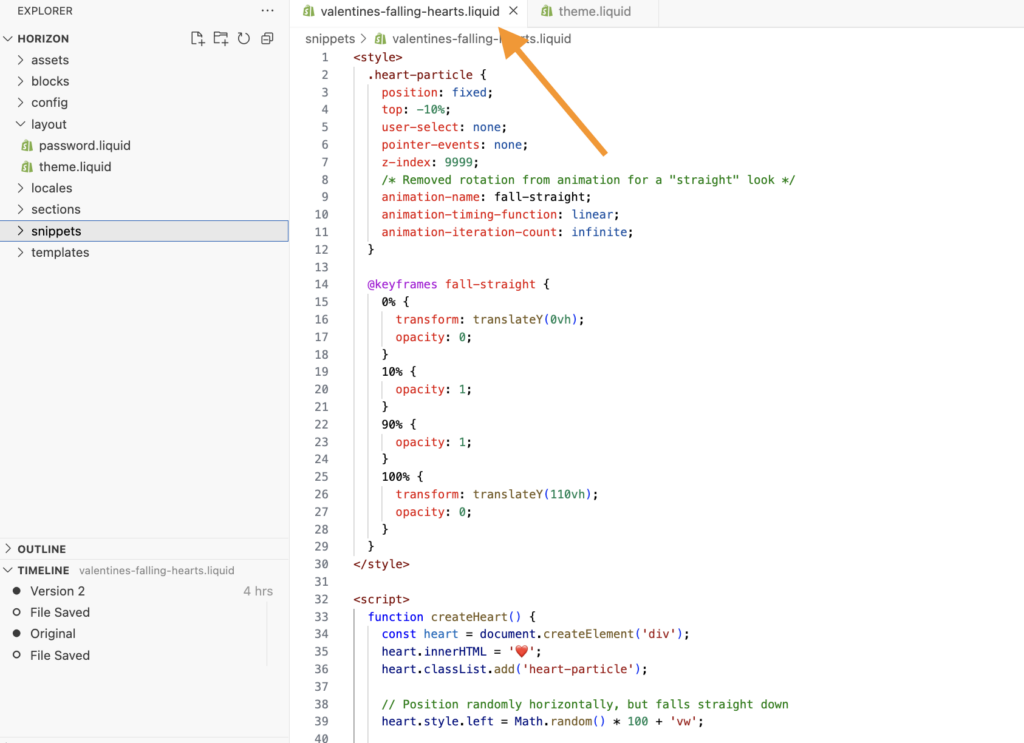 Add the effect code in Shopify