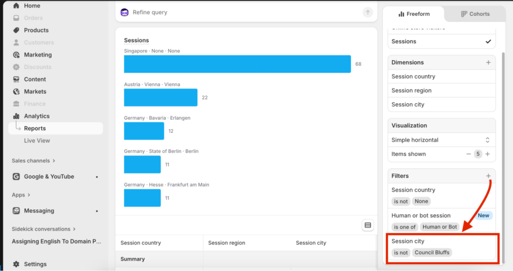 Add filter in the Shopify session report
