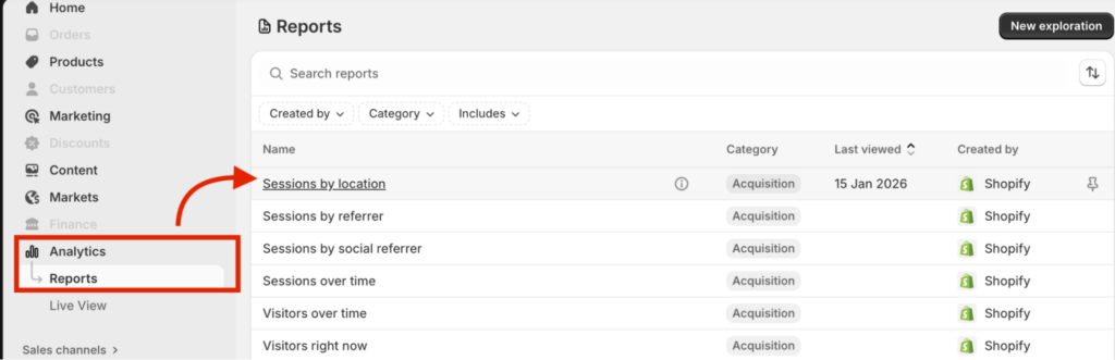 Sessions by Location Report in Shopify