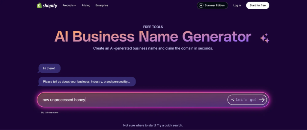 Shopify's AI business name generator