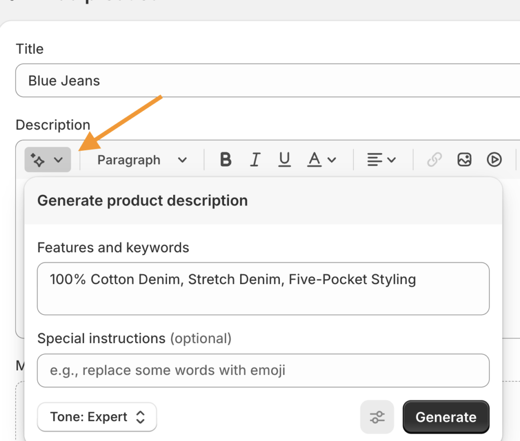 Use sparkle icon to write product description 