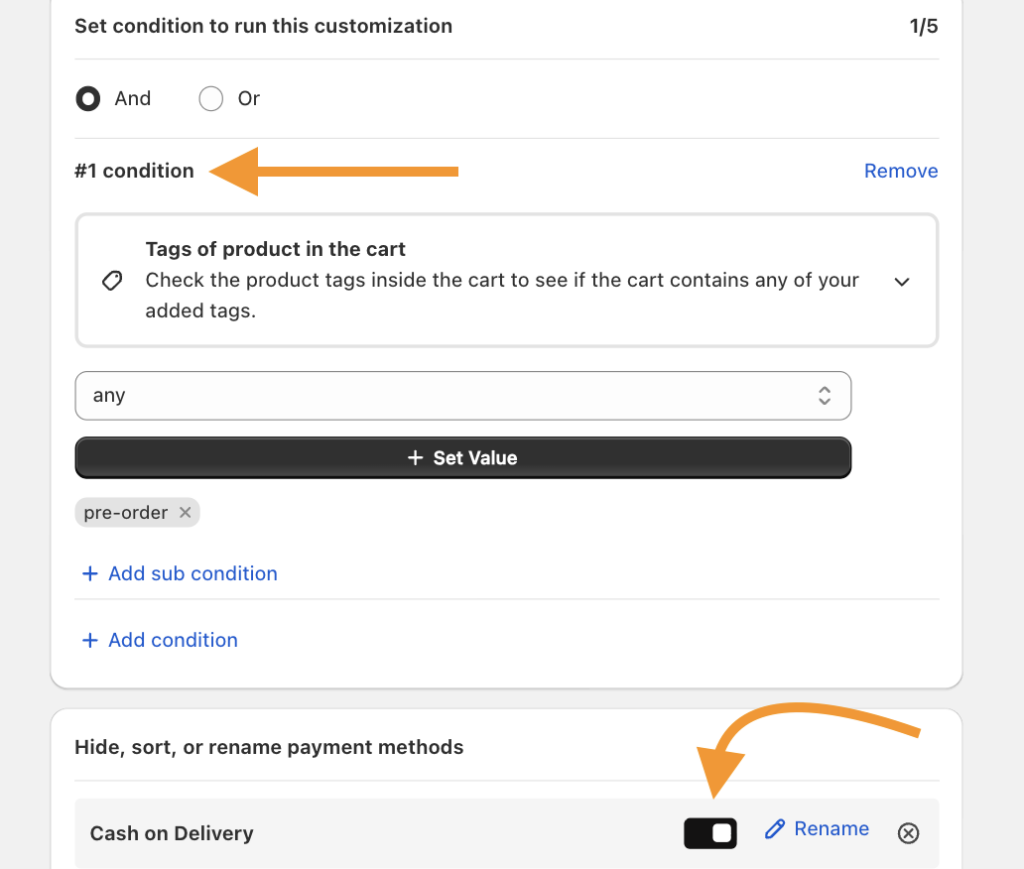 Payment conditions in Shopify
